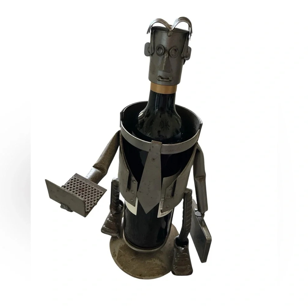 Businessman Wine Bottle Holder Metal Sculpture Laptop Technology Industrial ‘90s